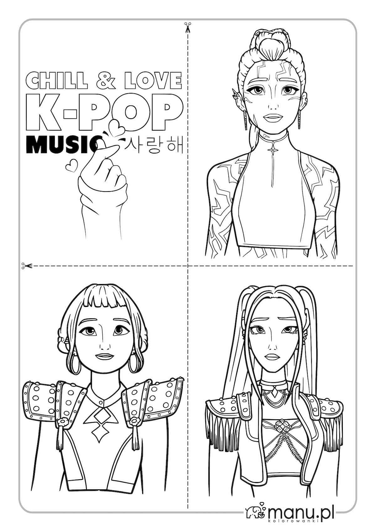 Kolorowanka do druku z hasłem K-Pop Music oraz portretami Zoey, Rumi i Miry z K-Pop Demon Hunters w czterech oddzielnych polach.