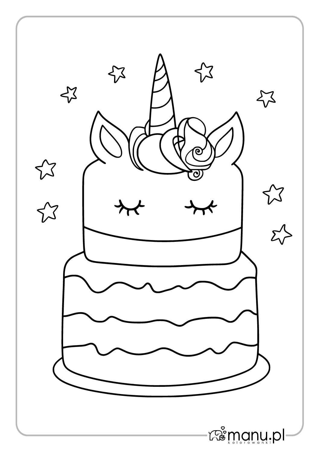 Jednorożec tort i gwiazdki dookoła kolorowanka dla dziewczyn