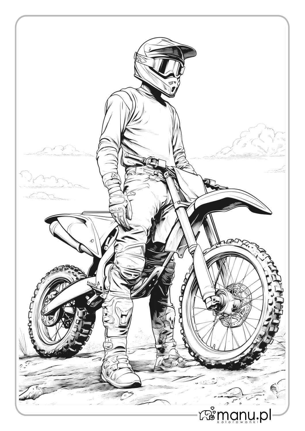 Kierowca w kasku przy crossie kolorowanka