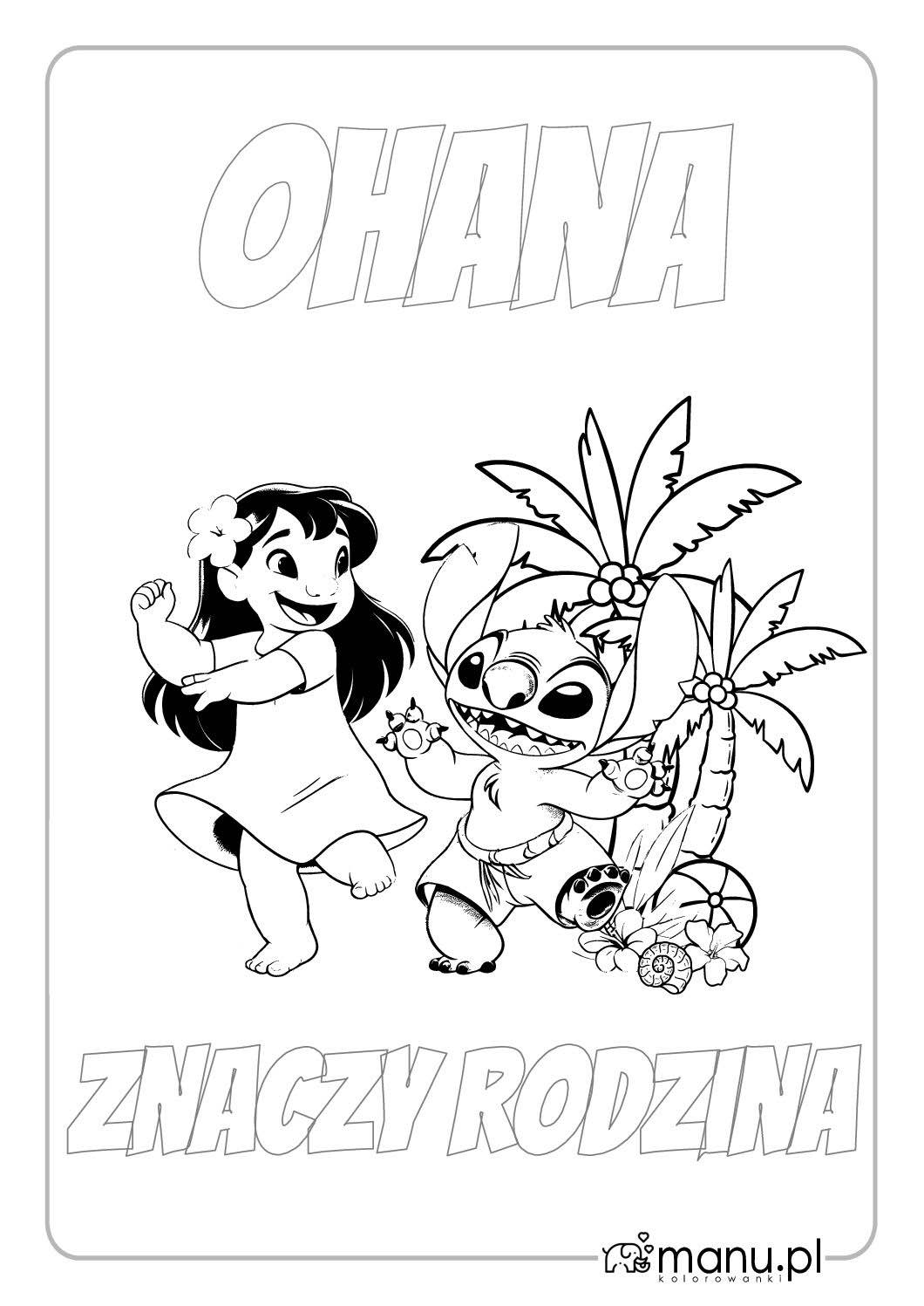 Lilo i Stitch tańczą taniec hula – kolorowanka Ohana Lilo i Stitch tańczący hula wśród palm, kwiatów i tropikalnych dekoracji – kolorowanka z napisem Ohana znaczy rodzina