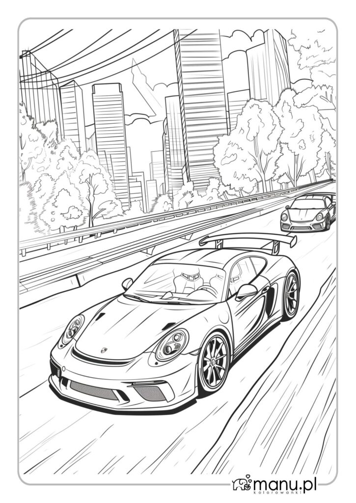 thumbnail of Kolorowanka Porsche w mieście do wydrukowania