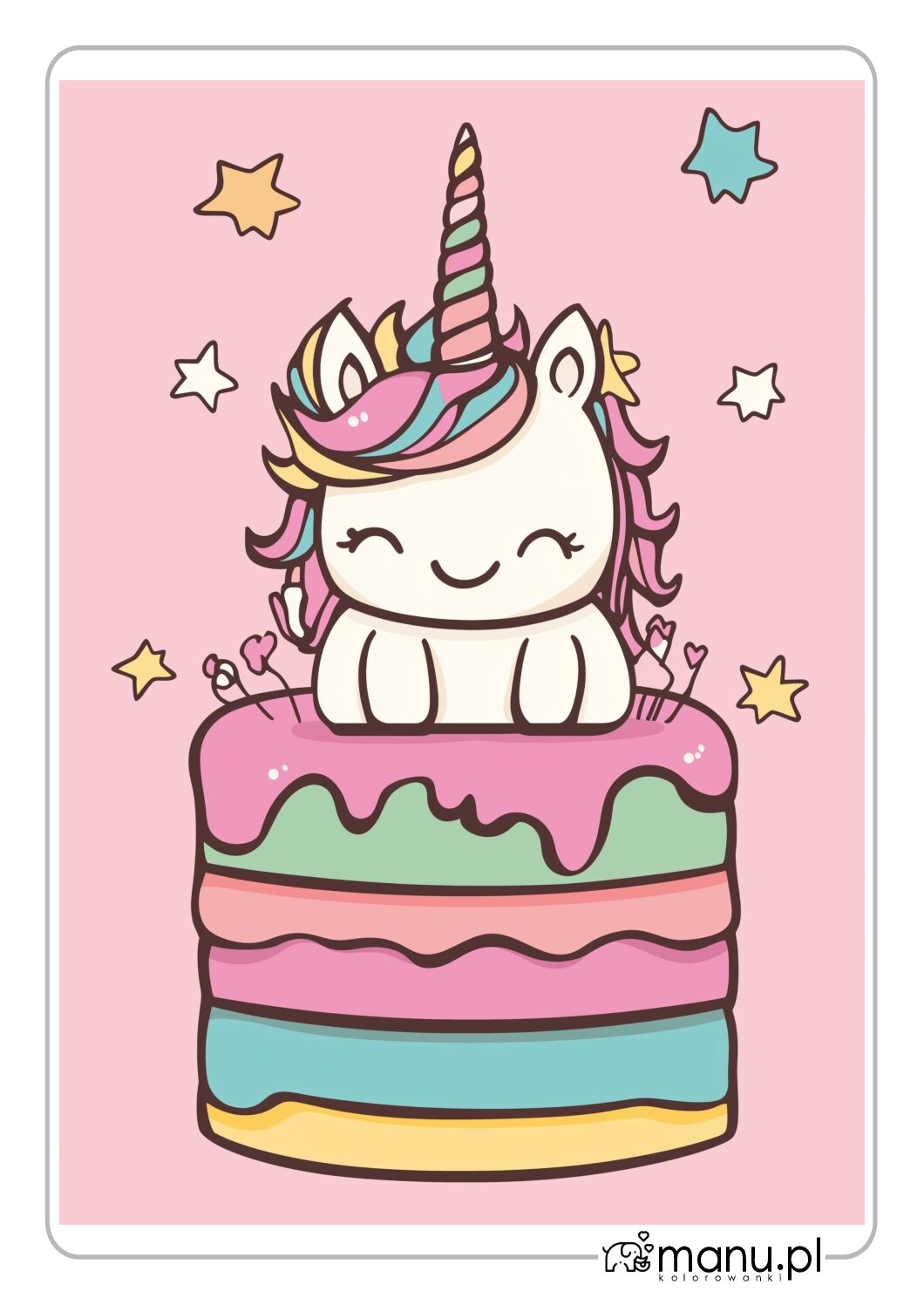 Kolorowanka Tort z Jednorożcem i gwiazdkami w kolorze
