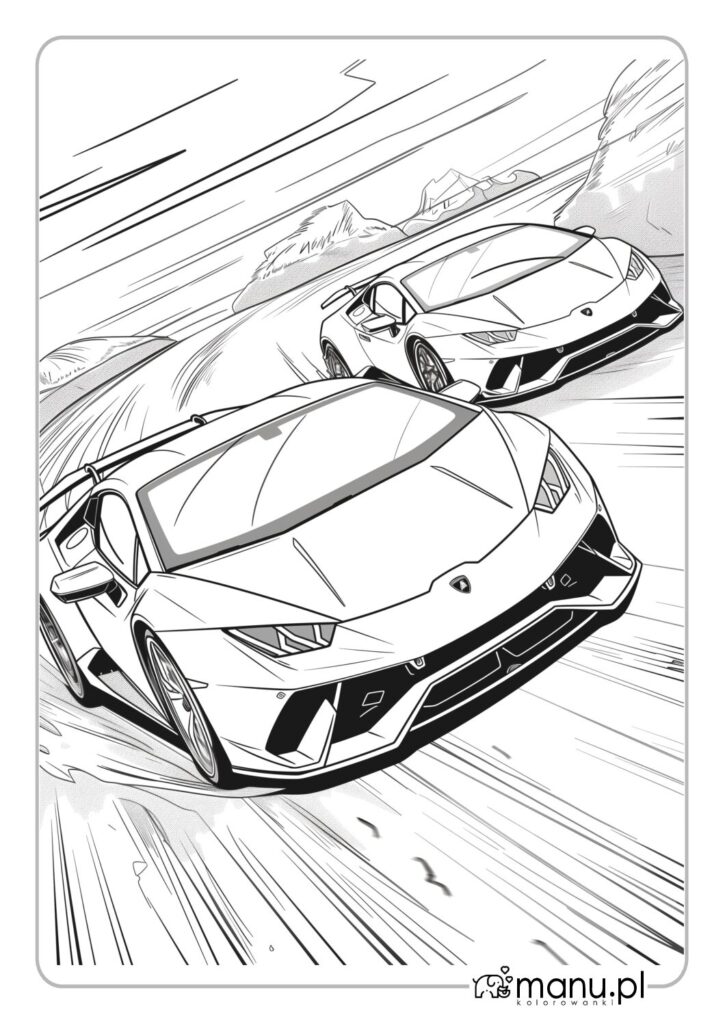 thumbnail of Kolorowanka do druku – dwa ścigające się luksusowe Lamborghini