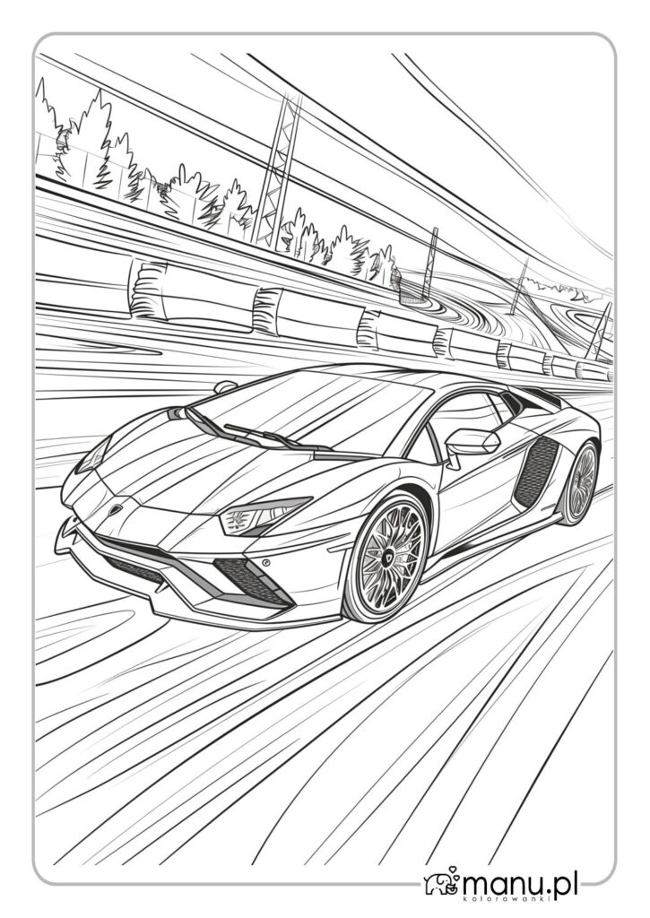 thumbnail of Kolorowanka do druku z Lamborghini na torze wyścigowym