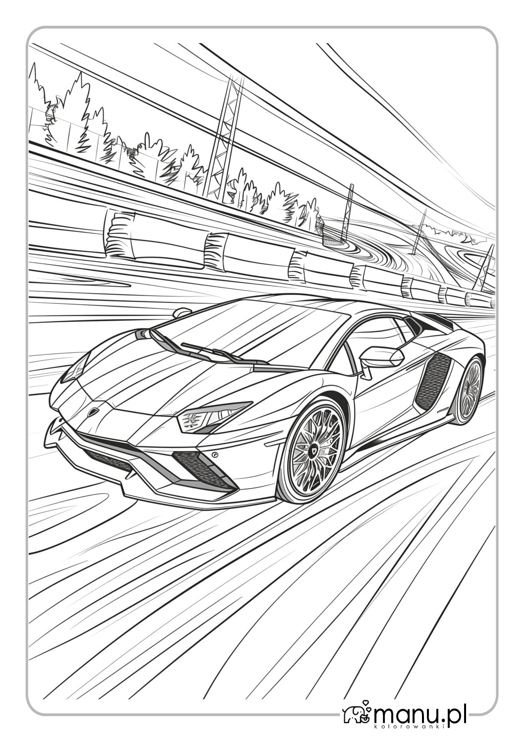 Kolorowanka do druku z Lamborghini na torze wyścigowym