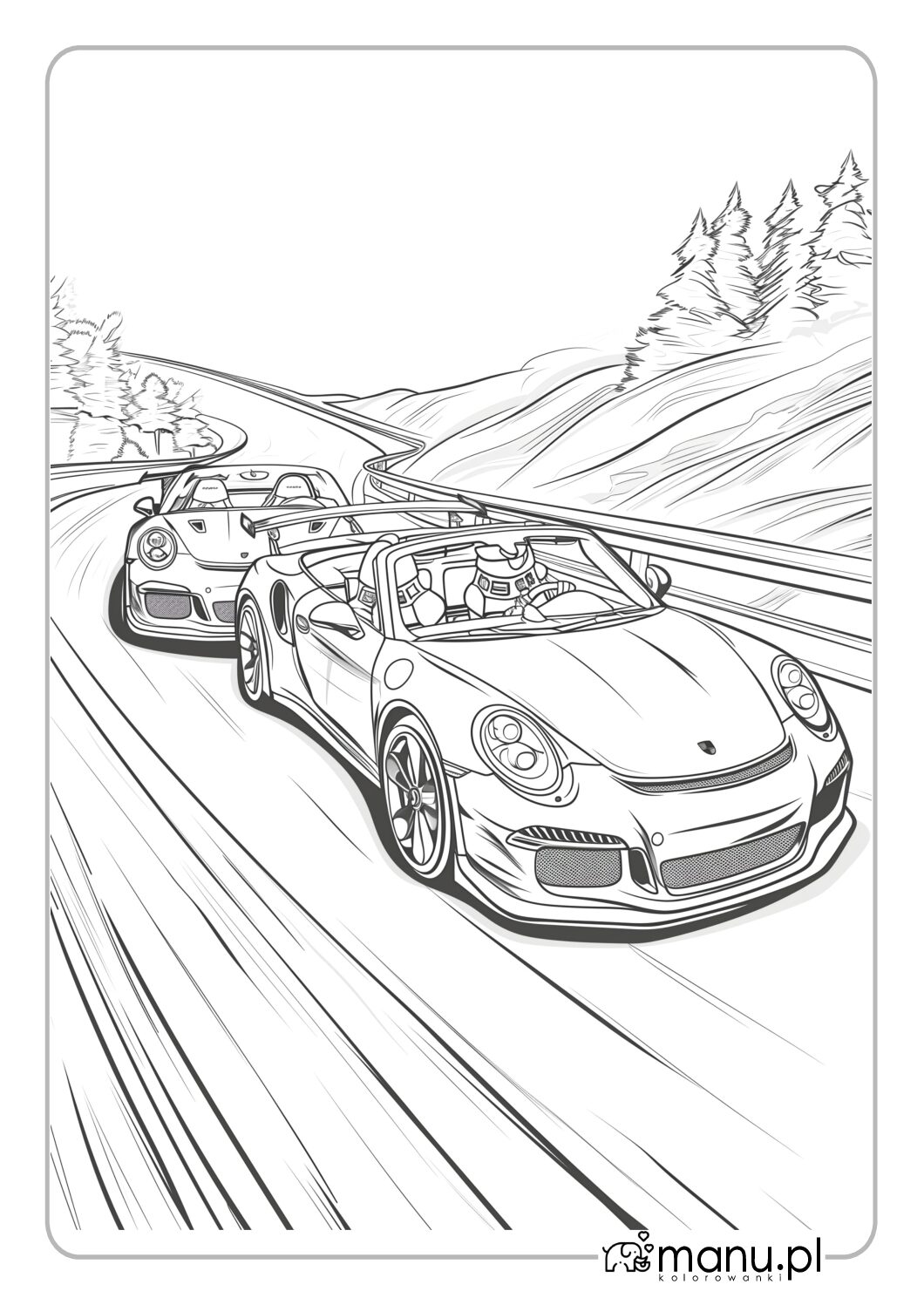 Kolorowanka do wydruku dwa samochody porsche na krętej drodze