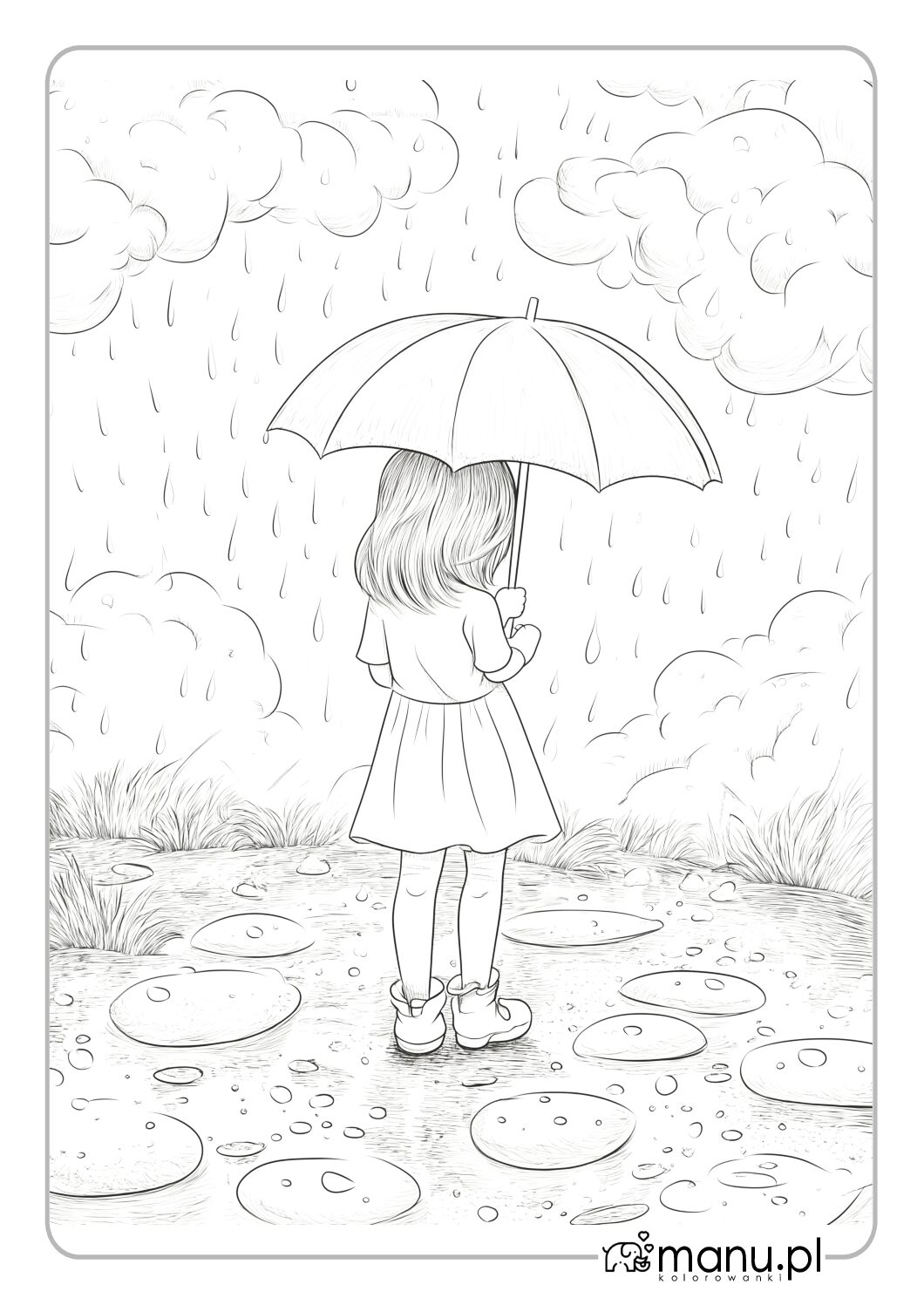 Dziewczynka w deszczu z parasolem – kolorowanka do druku