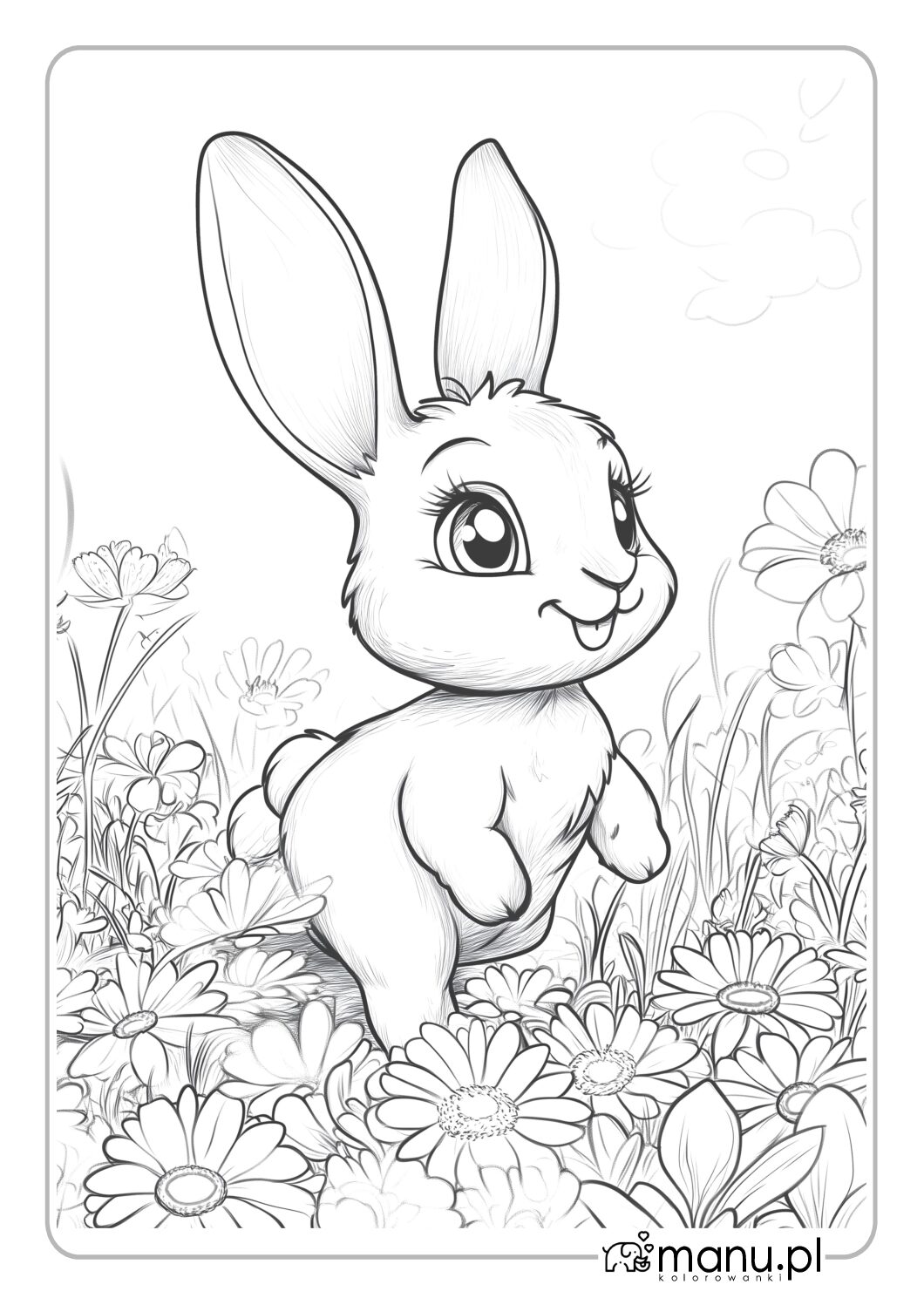 Królik na łące wśród kwiatów