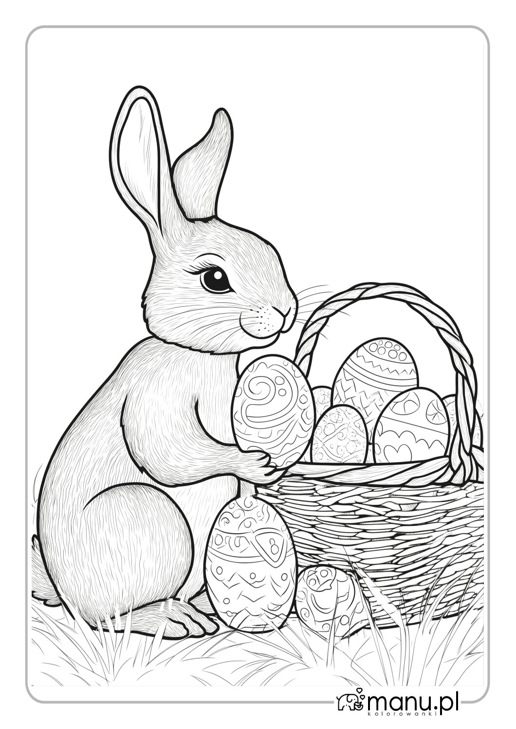 Kolorowanka królik i koszyk wielkanocny z jajkami