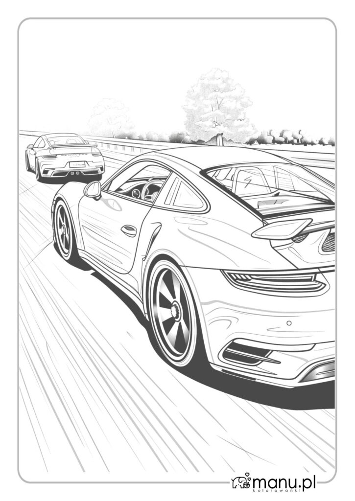 thumbnail of Kolorowanka przedstawia dwa rozpędzone samochody Porsche – wydrukuj i pokoloruj