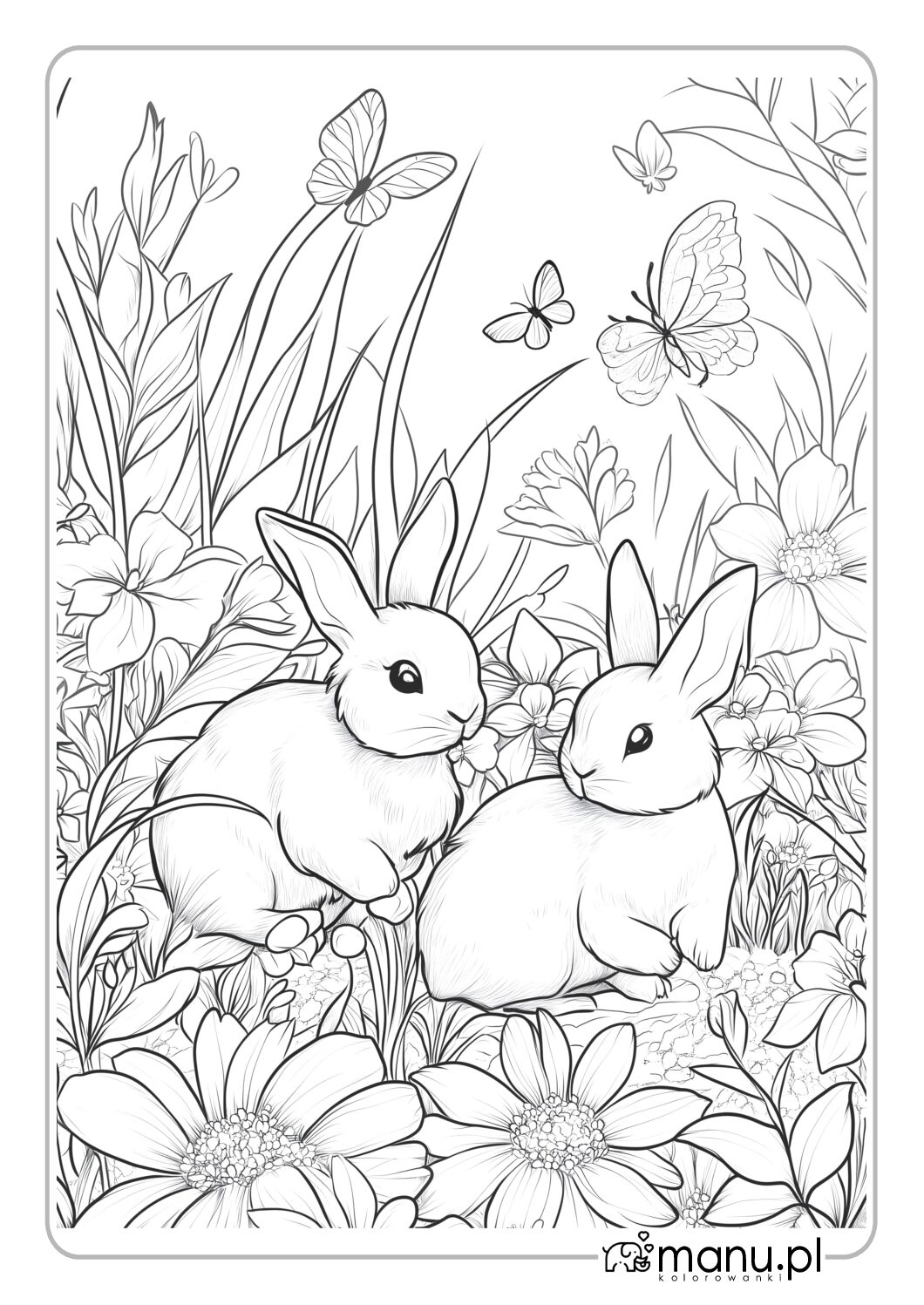 Króliczki i motyle – kolorowanka do druku dla dzieci (PDF)