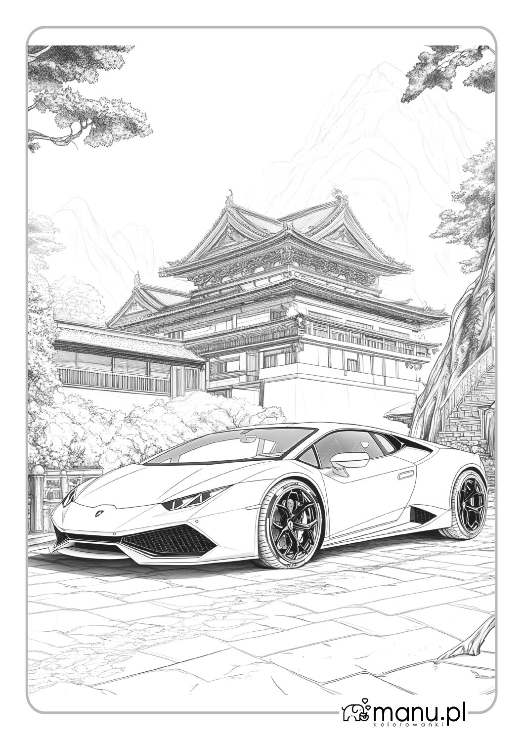 Lamborghini kolorowanka do druku na tle azjatyckiego budynku