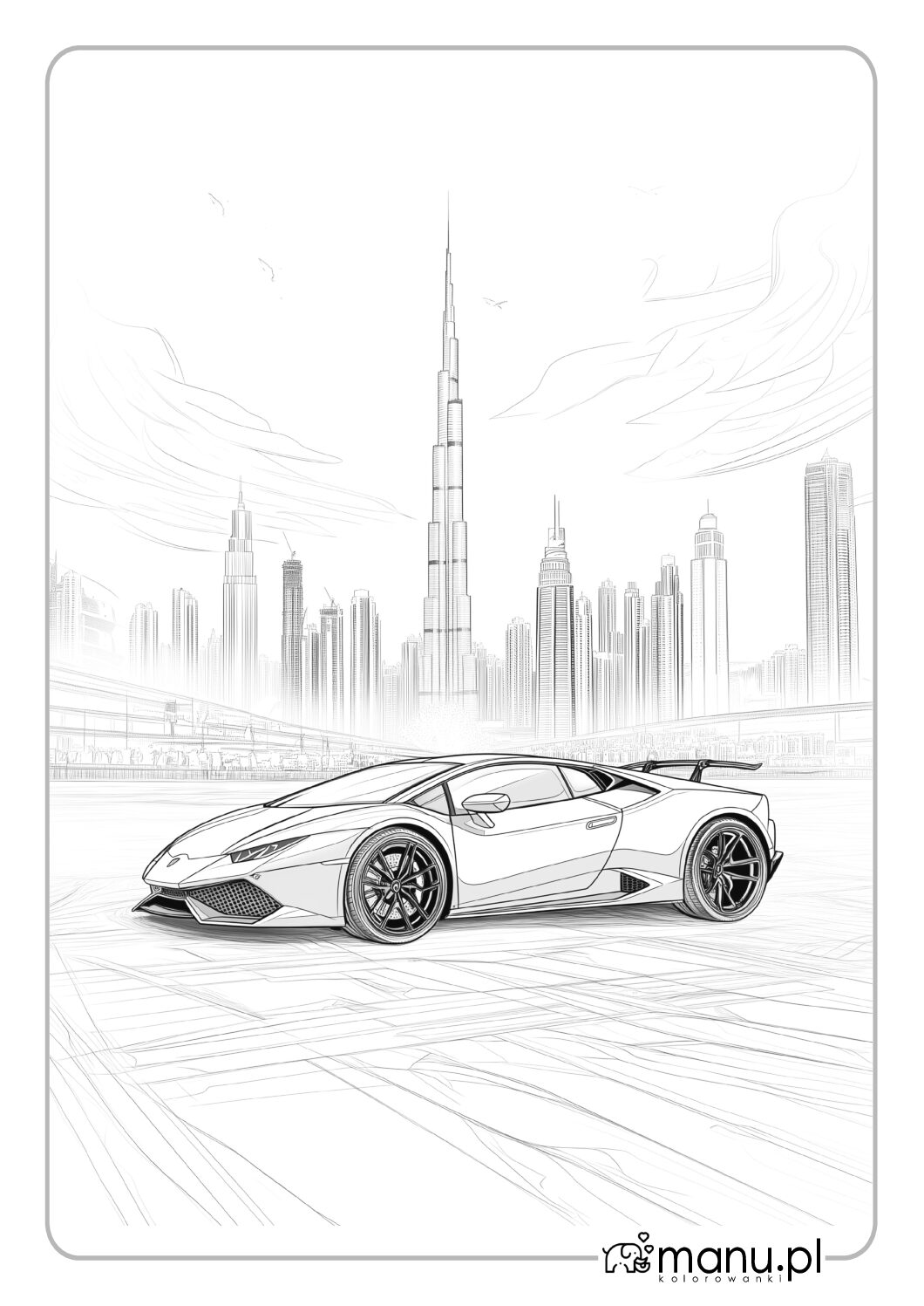 Lamborghini na tle Burj Khalifa kolorowanka