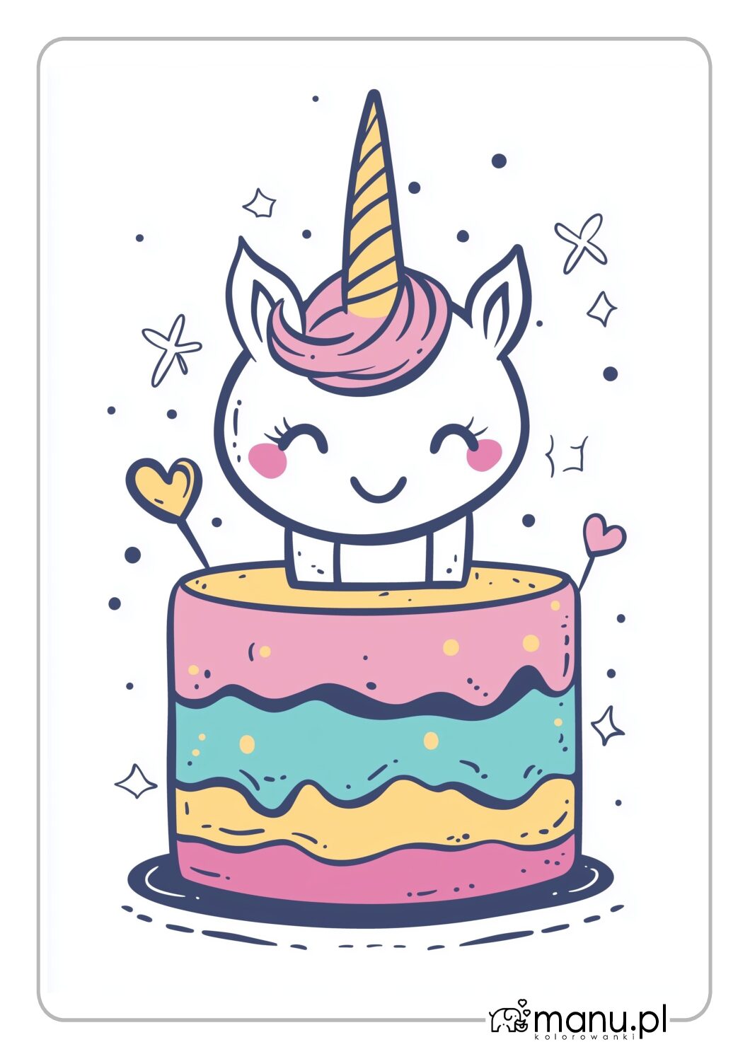 Mały jednorożec na torcie obrazek do druku w kolorze