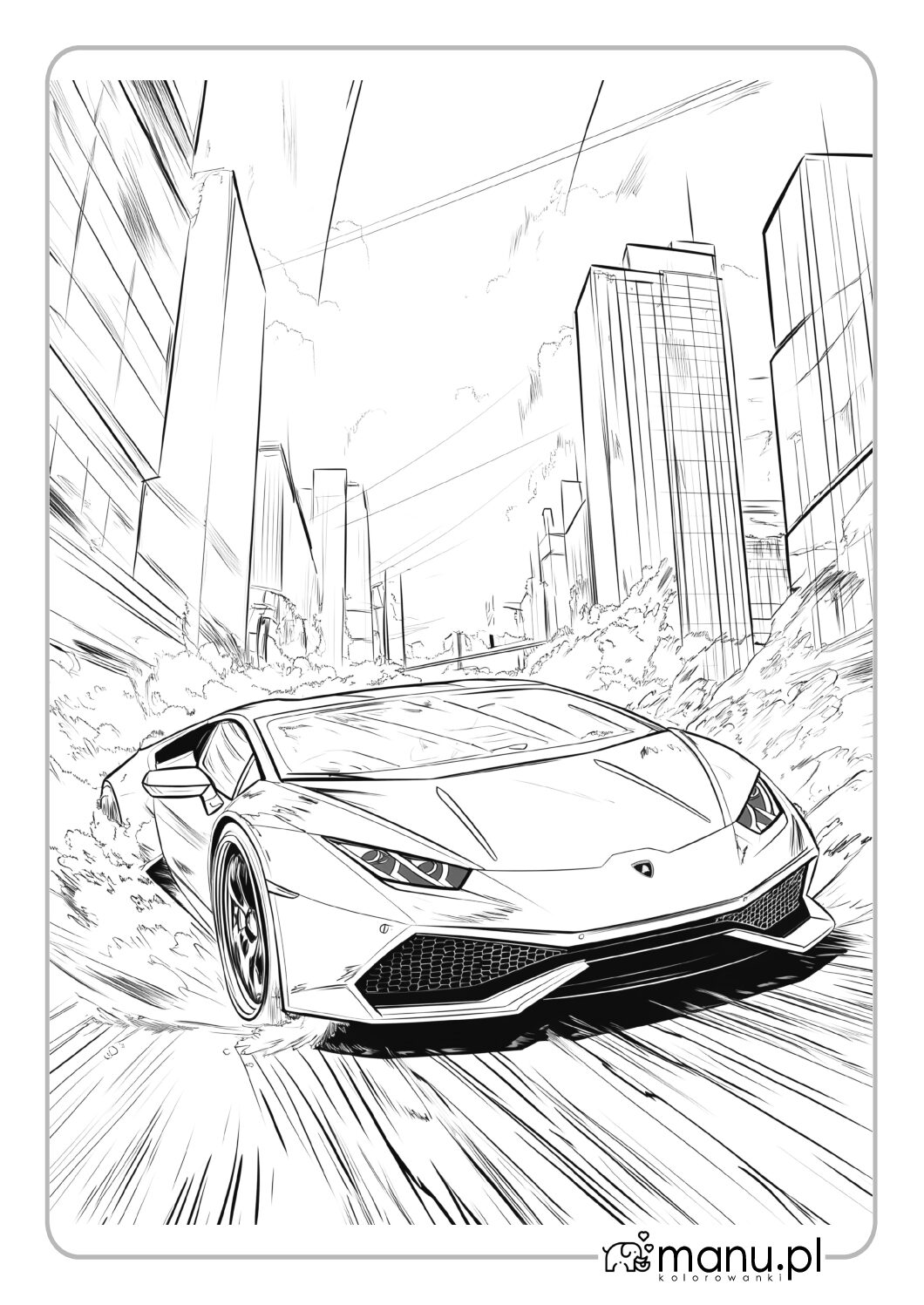 Lambo w ruchu kolorowanka przedstawiająca dynamiczną jazdę ulicami miasta