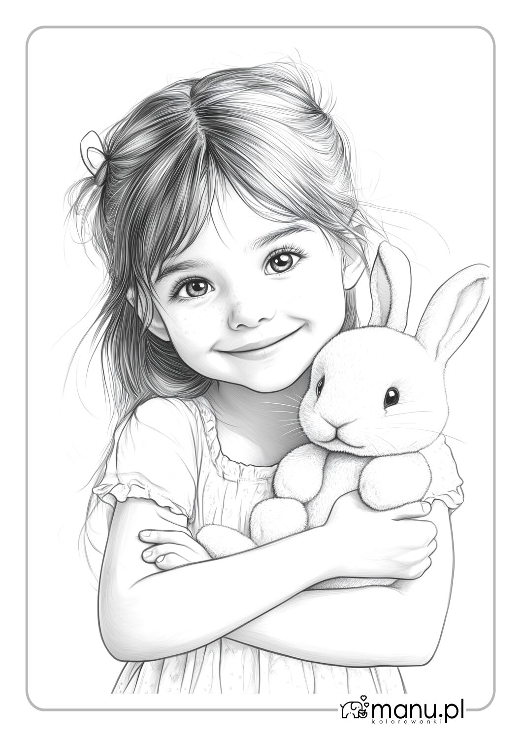 Portret dziewczynki z królikiem – darmowa kolorowanka PDF do druku