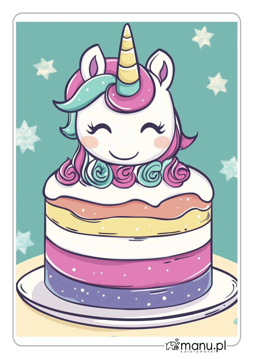 Śliczny Jednorożec do wydrukowania – tort urodzinowy w kolorze