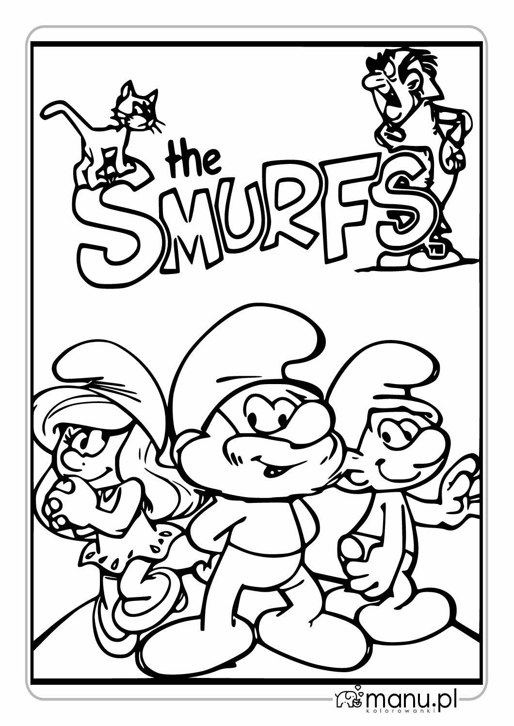 Smerfetka, Papa Smerf i Smerf – kolorowanka z bajki Smerfy Smerfetka, Papa Smerf i Smerf stojący razem pod napisem The Smurfs – kolorowanka z bohaterami bajki Smerfy do druku