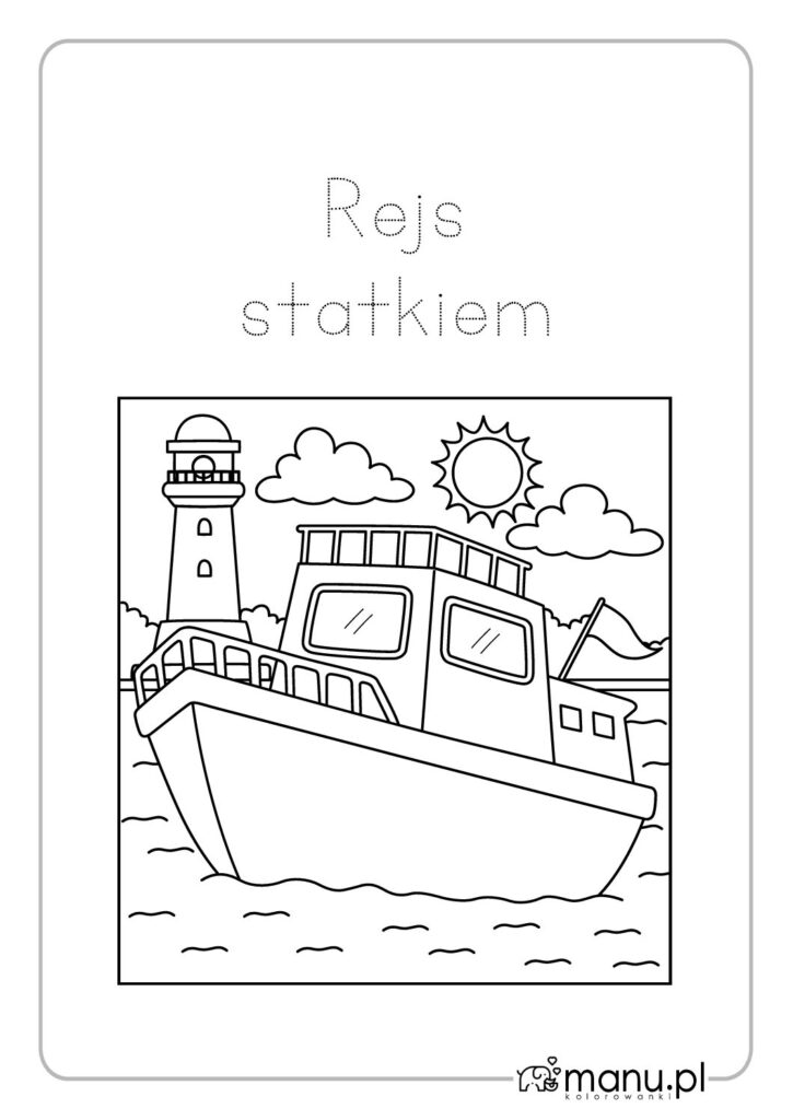 thumbnail of Statek kuter do druku kolorowanka na wakacje – w tle latarnia morska