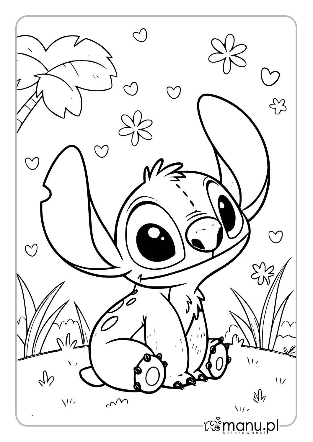 Uśmiechnięty Stitch wśród kwiatów – kolorowanka dla dzieci Uśmiechnięty Stitch siedzący na trawie wśród kwiatów, serduszek i palmowych liści – kolorowanka z bajki do druku