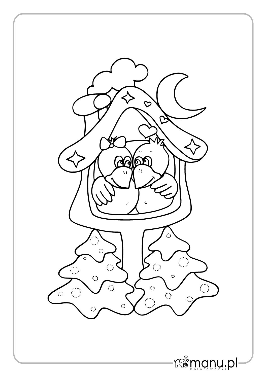 Świąteczne ptaszki w zimowej budce — kolorowanka do druku