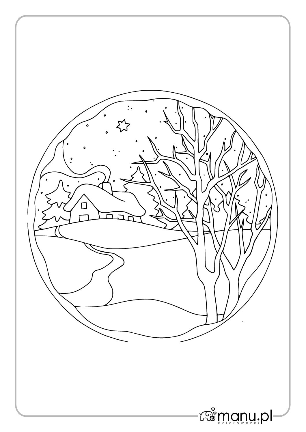 Zimowy krajobraz w okrągłej ramie — kolorowanka PDF