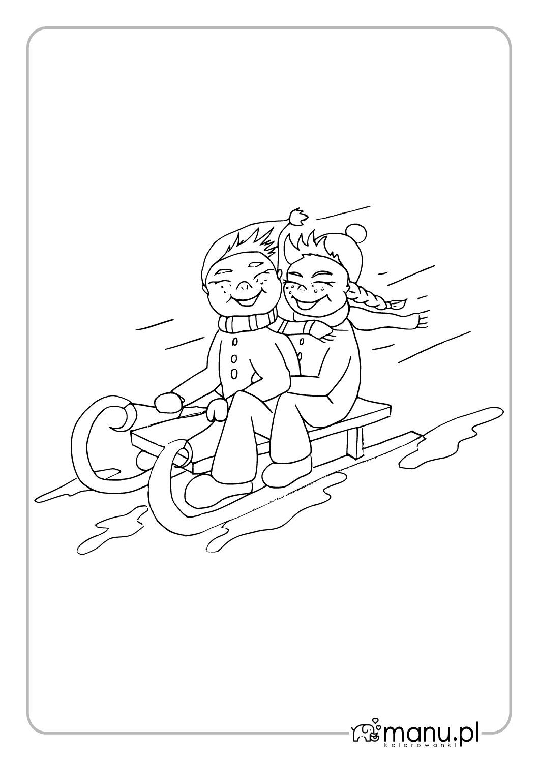 Dzieci na sankach — zimowa kolorowanka do druku