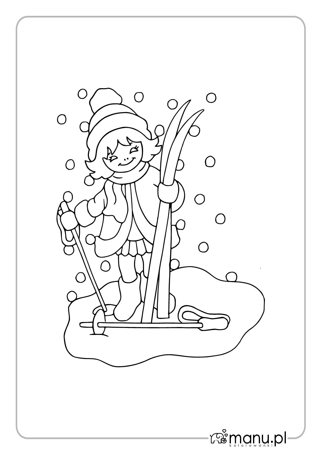 Dziewczynka na nartach w śniegu — zimowa kolorowanka do druku