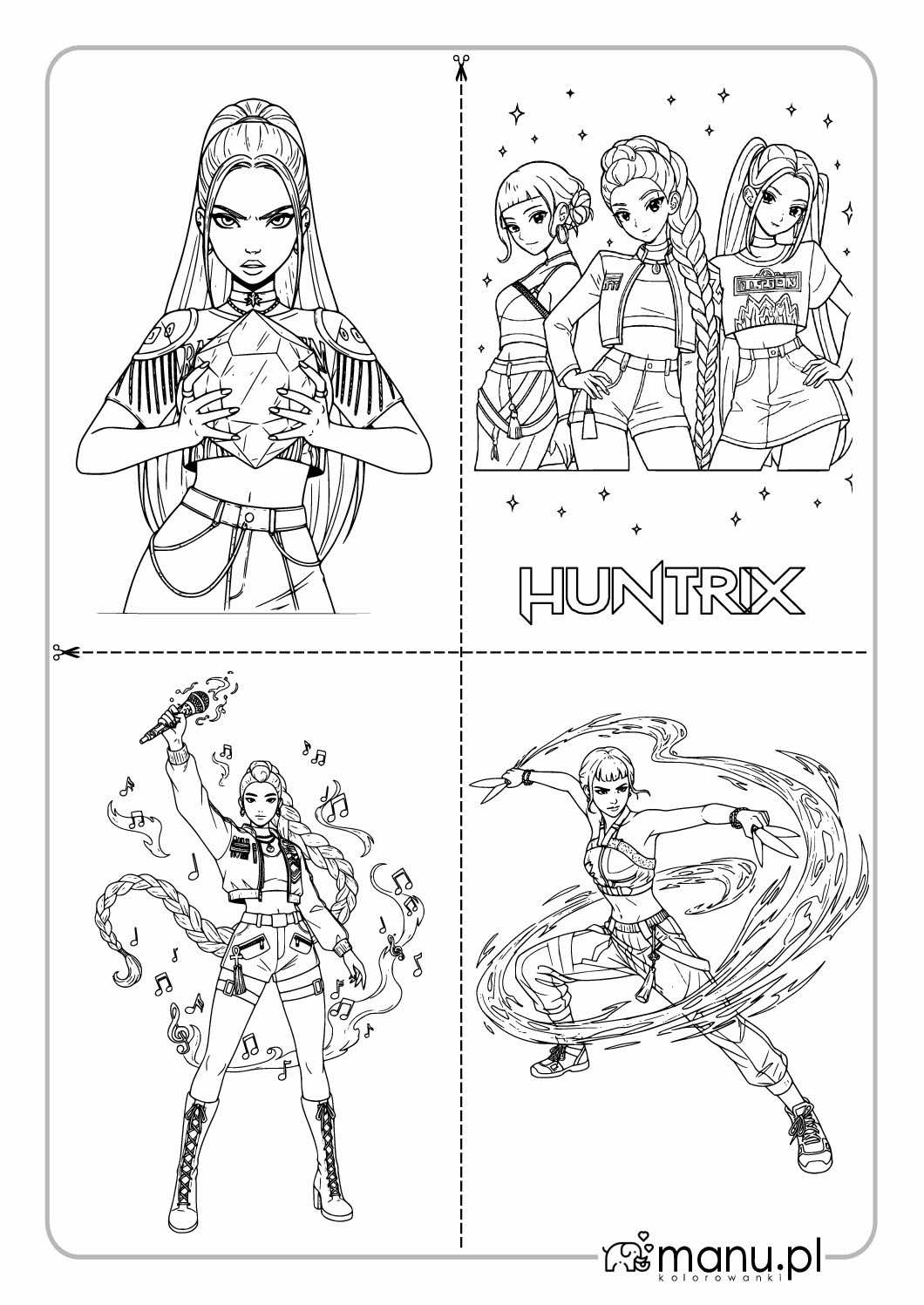 HUNTRIX – cztery kolorowanki KPop Demon Hunters do wycięcia Arkusz z czterema kolorowankami HUNTRIX: Mira z kryształem, Rumi, Zoey oraz całe trio KPop Demon Hunters do druku i wycięcia