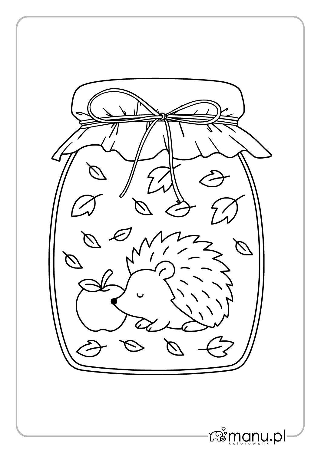 Jeżyk z jabłkiem w jesiennym słoiku – kolorowanka dla dzieci