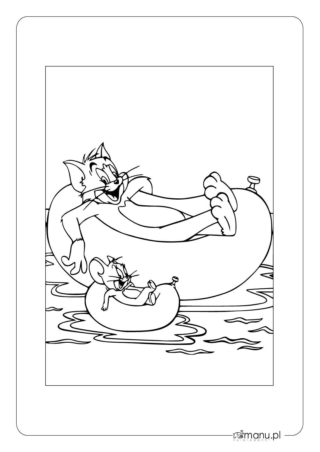 Tom i Jerry pływający na dmuchanych kołach – kolorowanka do druku