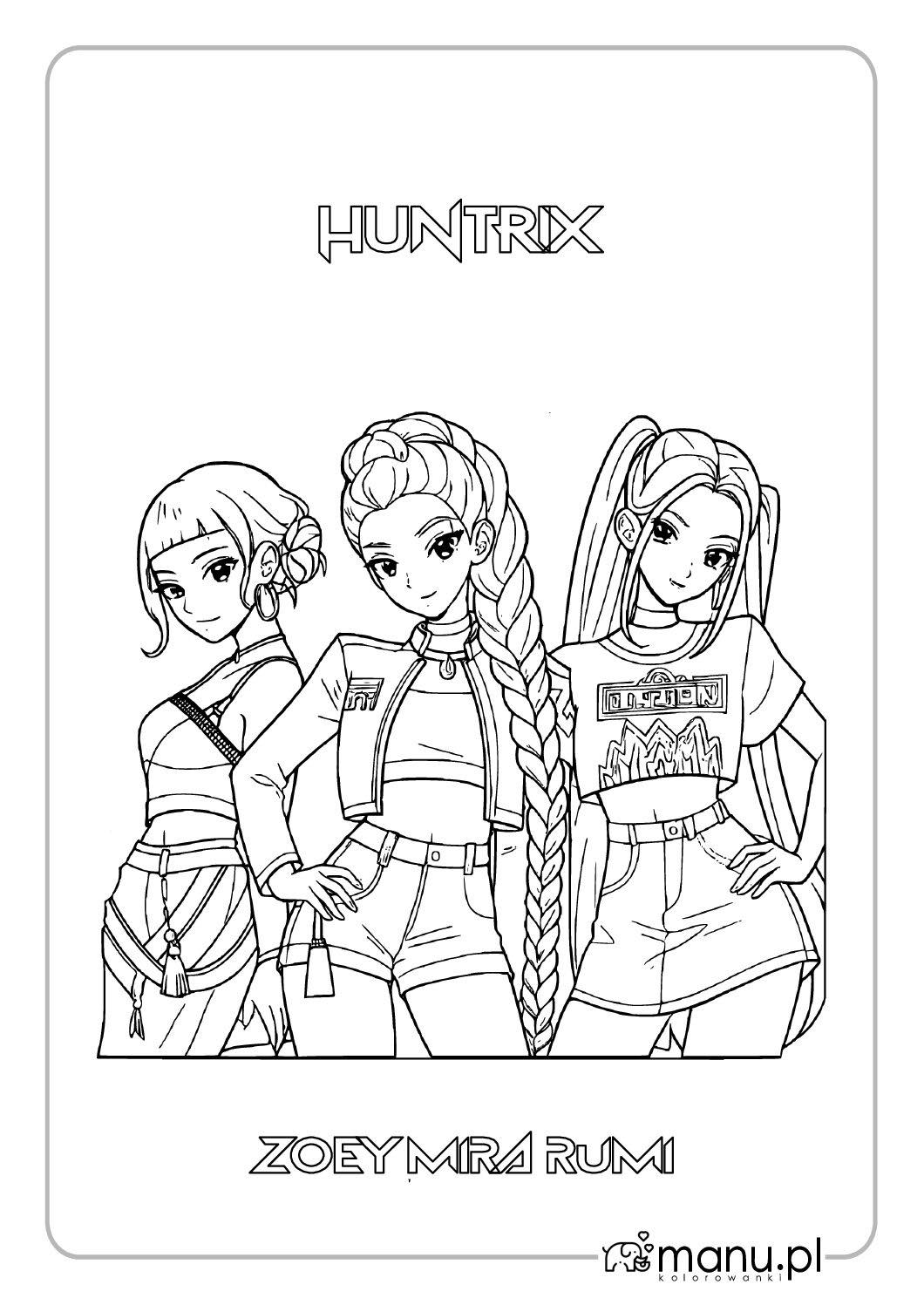 Rumi, Mira i Zoey z HUNTRIX – kolorowanka KPop Demon Hunters Rumi, Mira i Zoey z zespołu HUNTRIX pozujące razem w modnych strojach – kolorowanka KPop Demon Hunters do druku