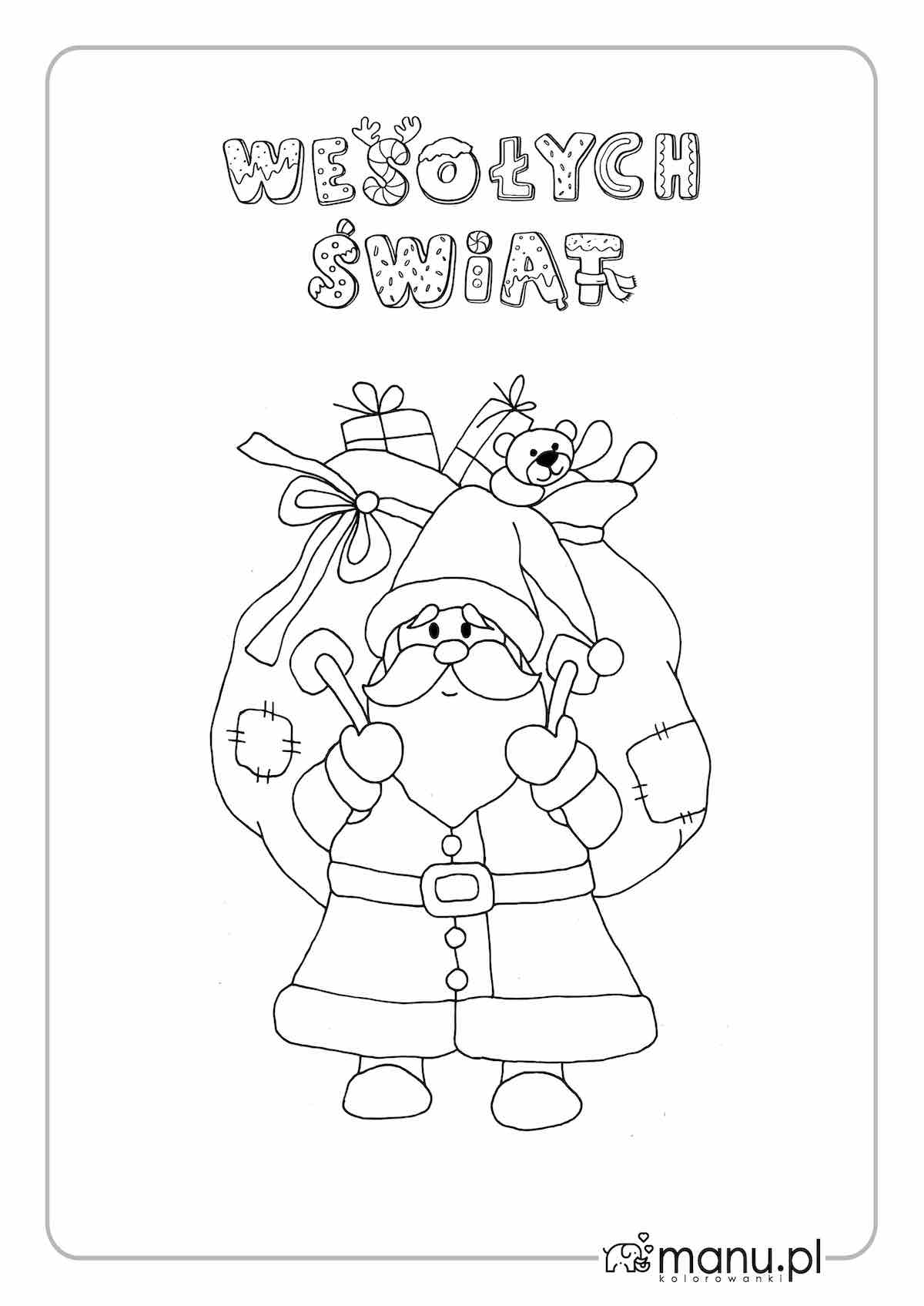 Święty Mikołaj – Kolorowanka dla Dzieci Kolorowanka ze Świętym Mikołajem z workiem prezentów na plecach - darmowa do druku dla dzieci