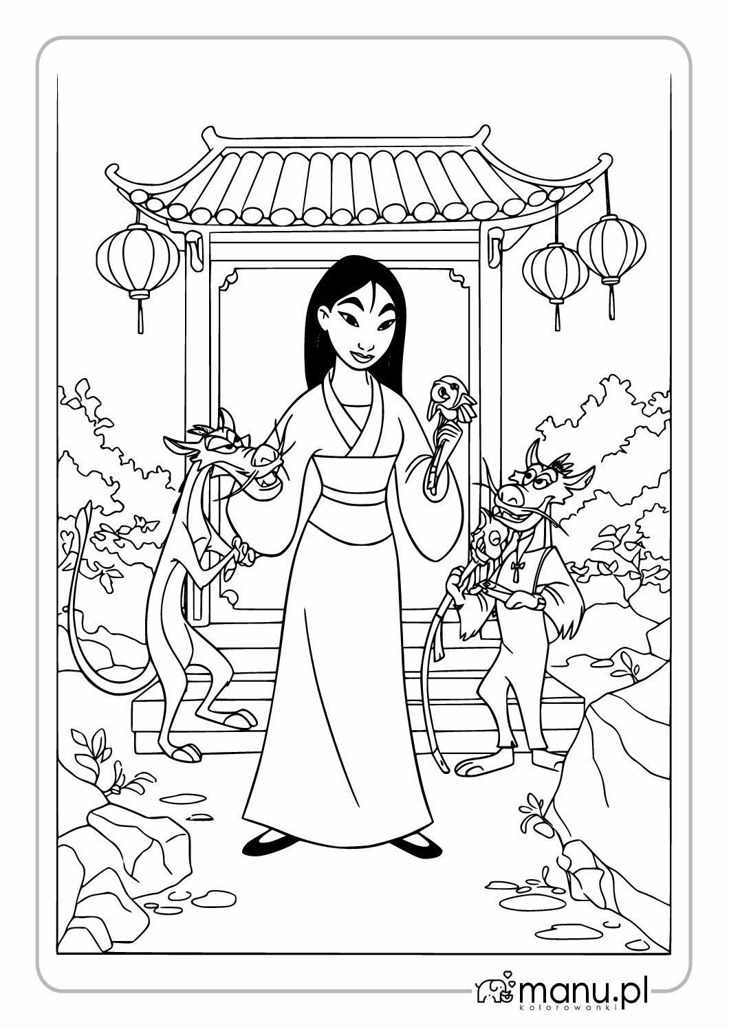Mulan z Mushu i Cri-Kee – kolorowanka z bajki dla dzieci Mulan stojąca przed chińskim pawilonem razem ze smokiem Mushu i świerszczem Cri-Kee – szczegółowa kolorowanka do druku