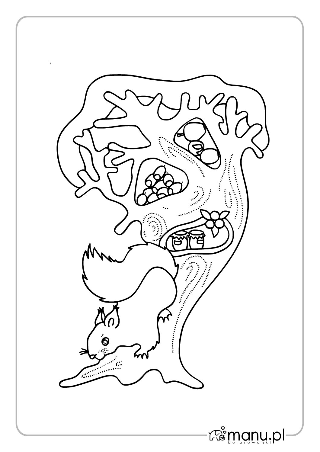 Zimowa wiewiórka przy dziupli pełnej zapasów