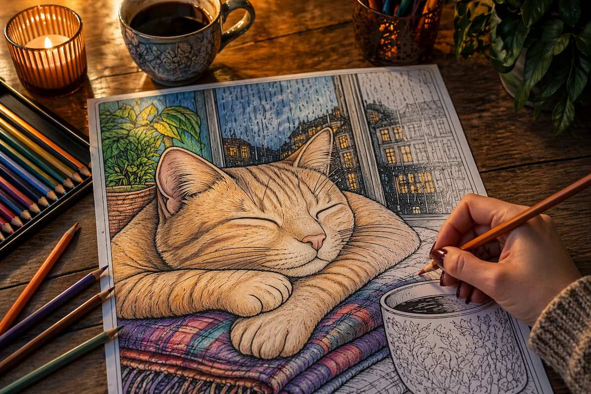 kolorowanka z kotem podczas kolorowania przez dorosłego - piękny wzór kotka do druku