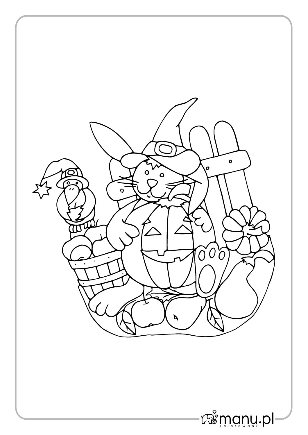 Kot z krukiem i jesienną dynią – kolorowanka do druku