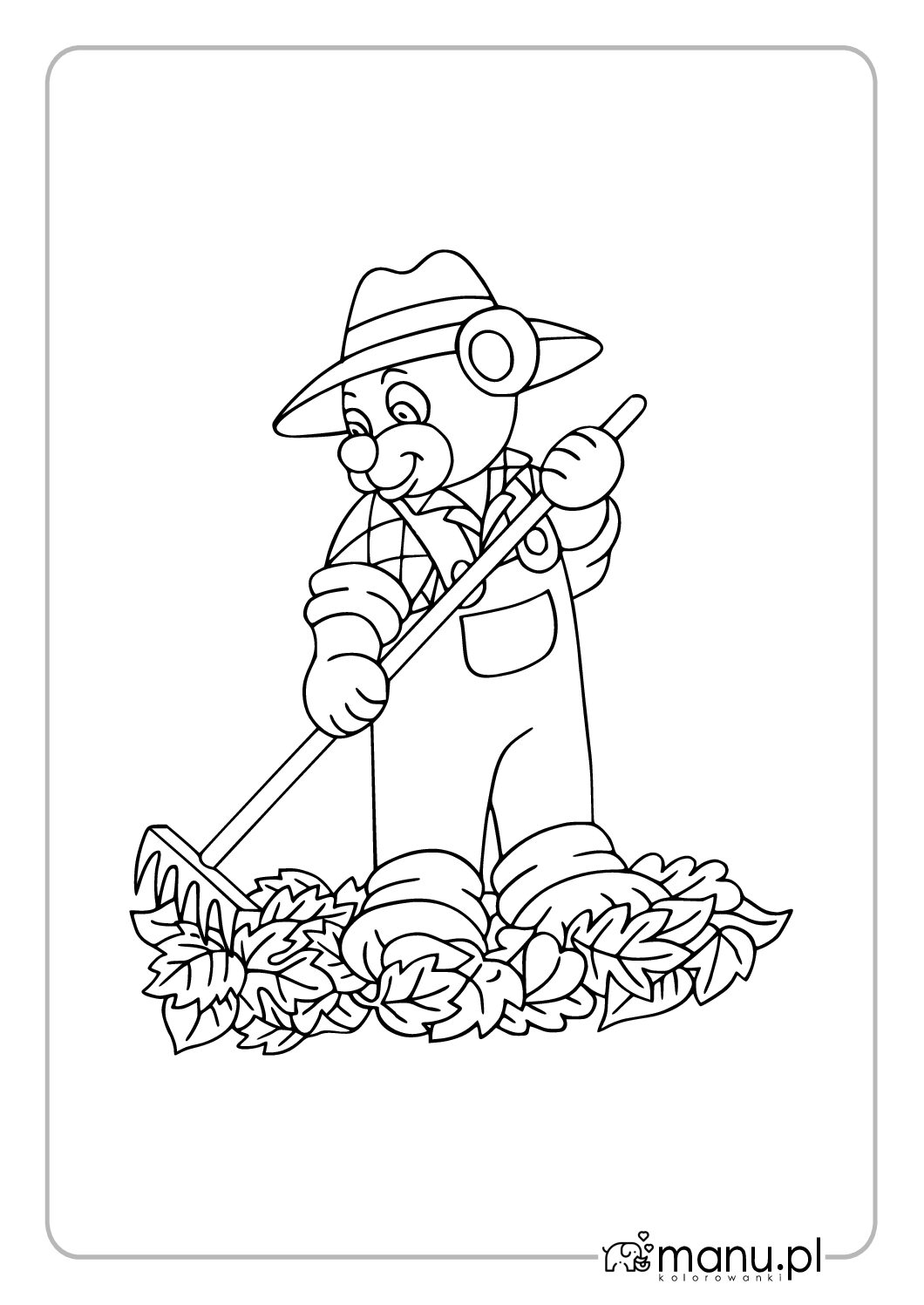 Miś grabiący jesienne liście – kolorowanka dla dzieci do druku