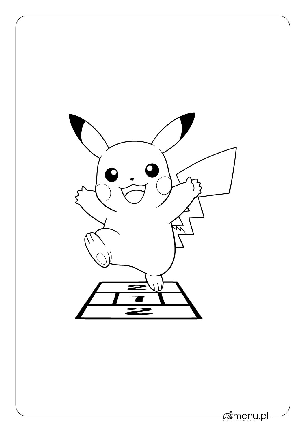 Pikachu skaczący na ponumerowanych polach do gry w klasy