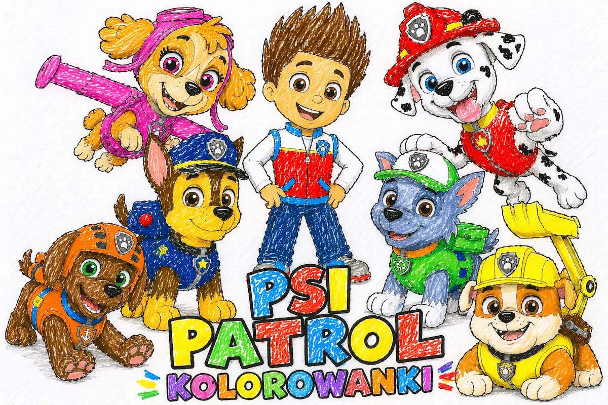 Kolorowanka Psi Patrol - wszystkie pieski - Chase, Marshall, Skye, Zuma, Rocky, Rubble oraz Ryder - bohaterowie bajki Psi Patrol