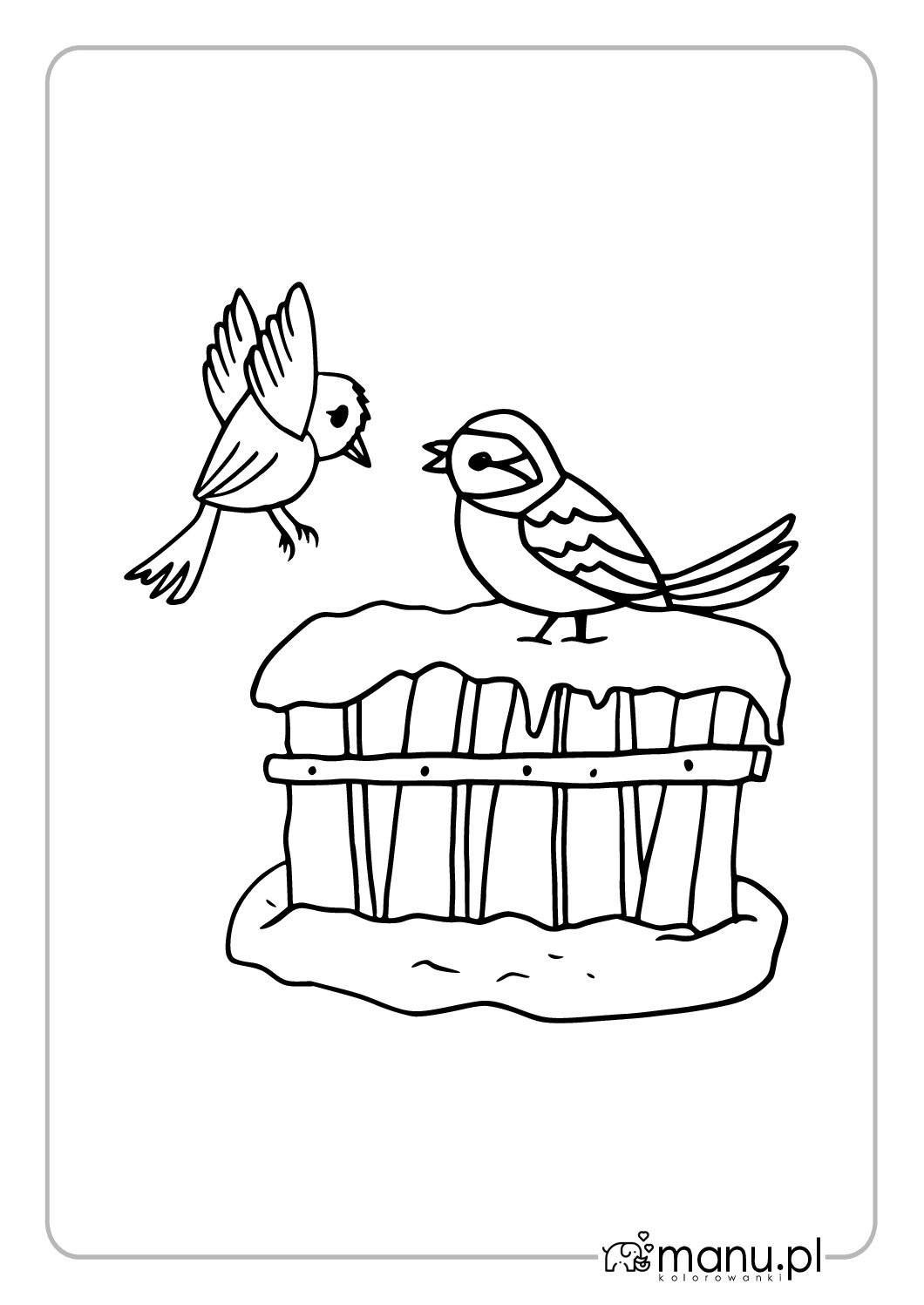 Ptaszki na ośnieżonym płocie — zimowa kolorowanka do druku