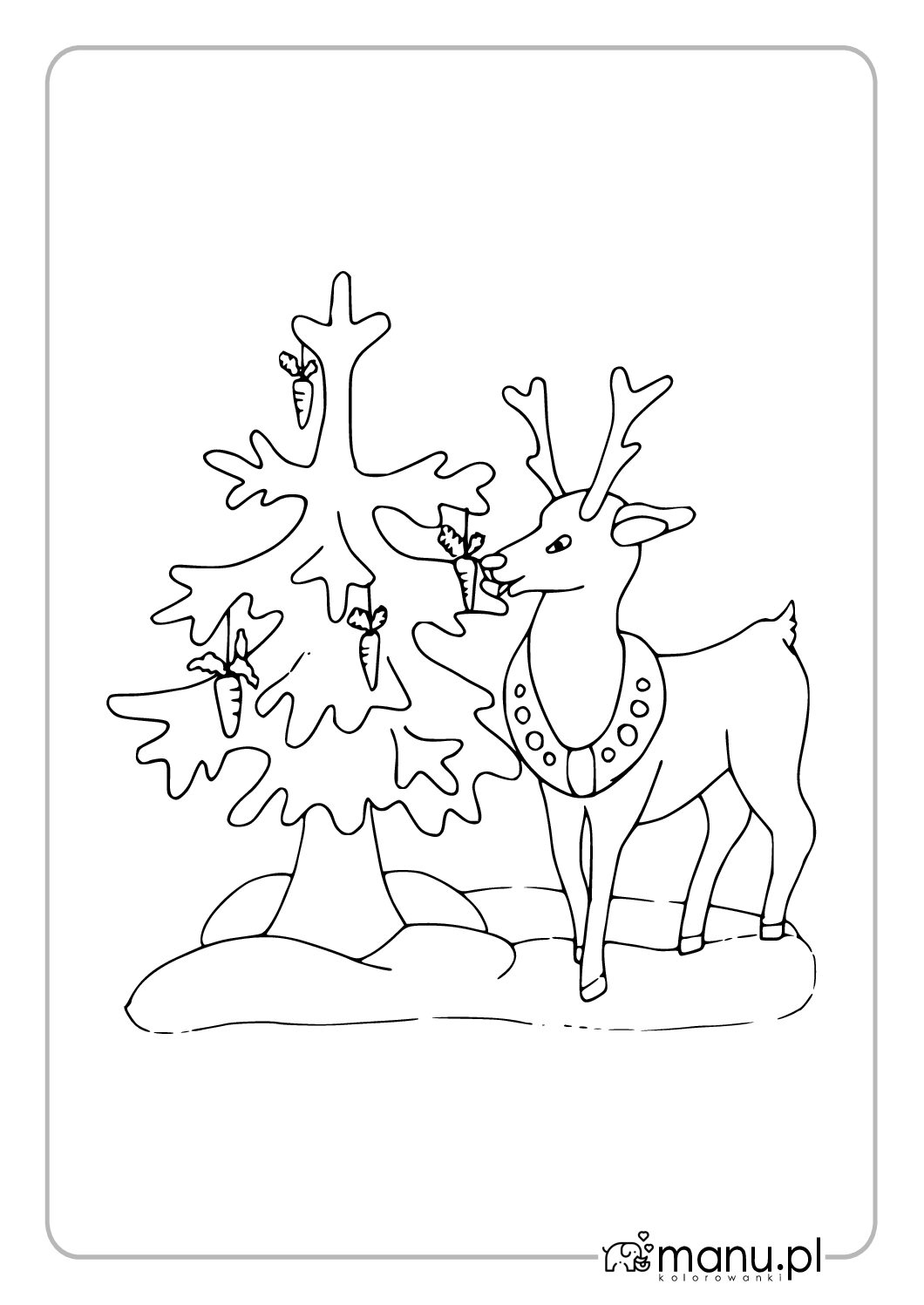 Jeleń przy zimowej choince — kolorowanka do druku