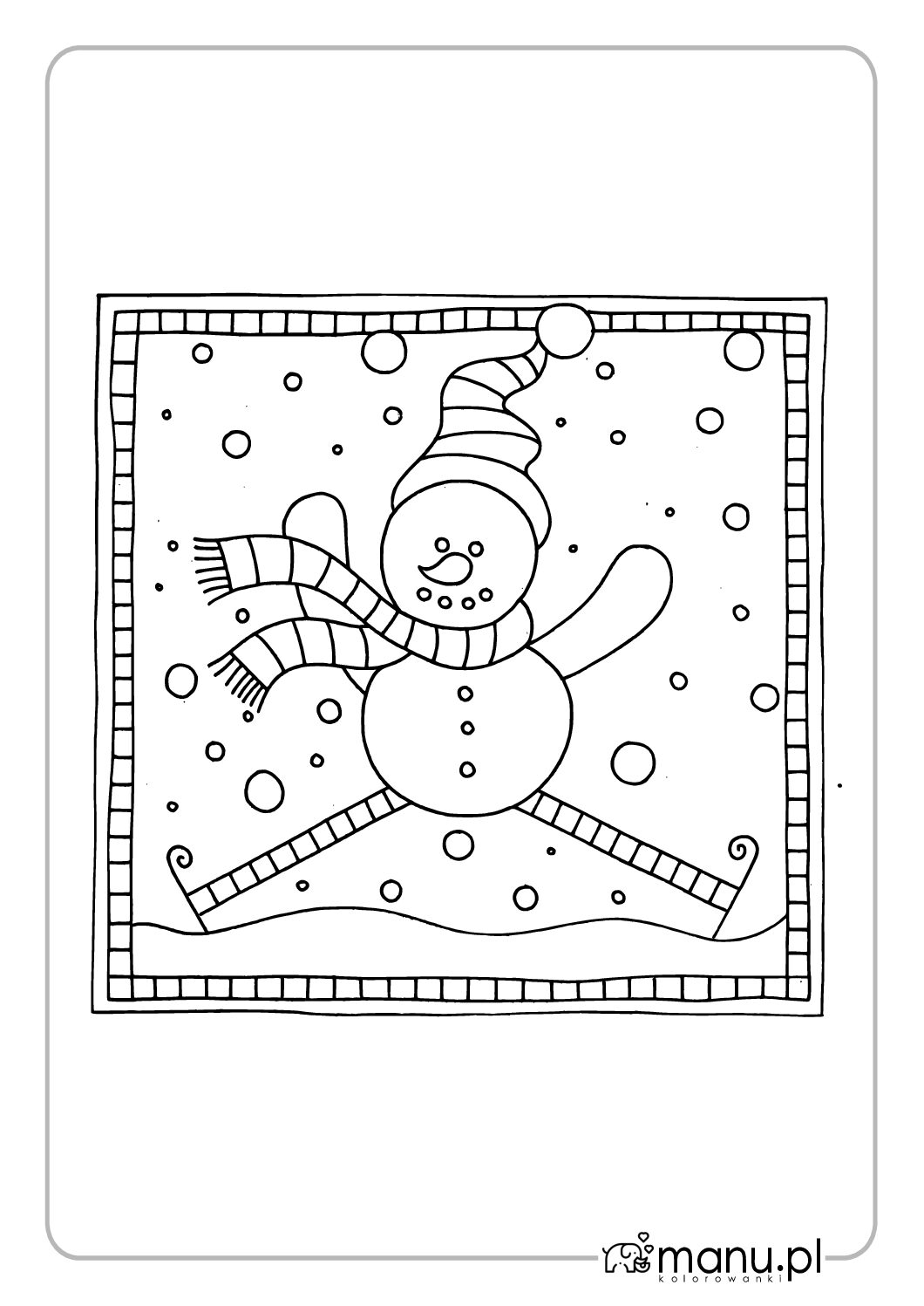Wesoły bałwanek w ramce — zimowa kolorowanka dla dzieci