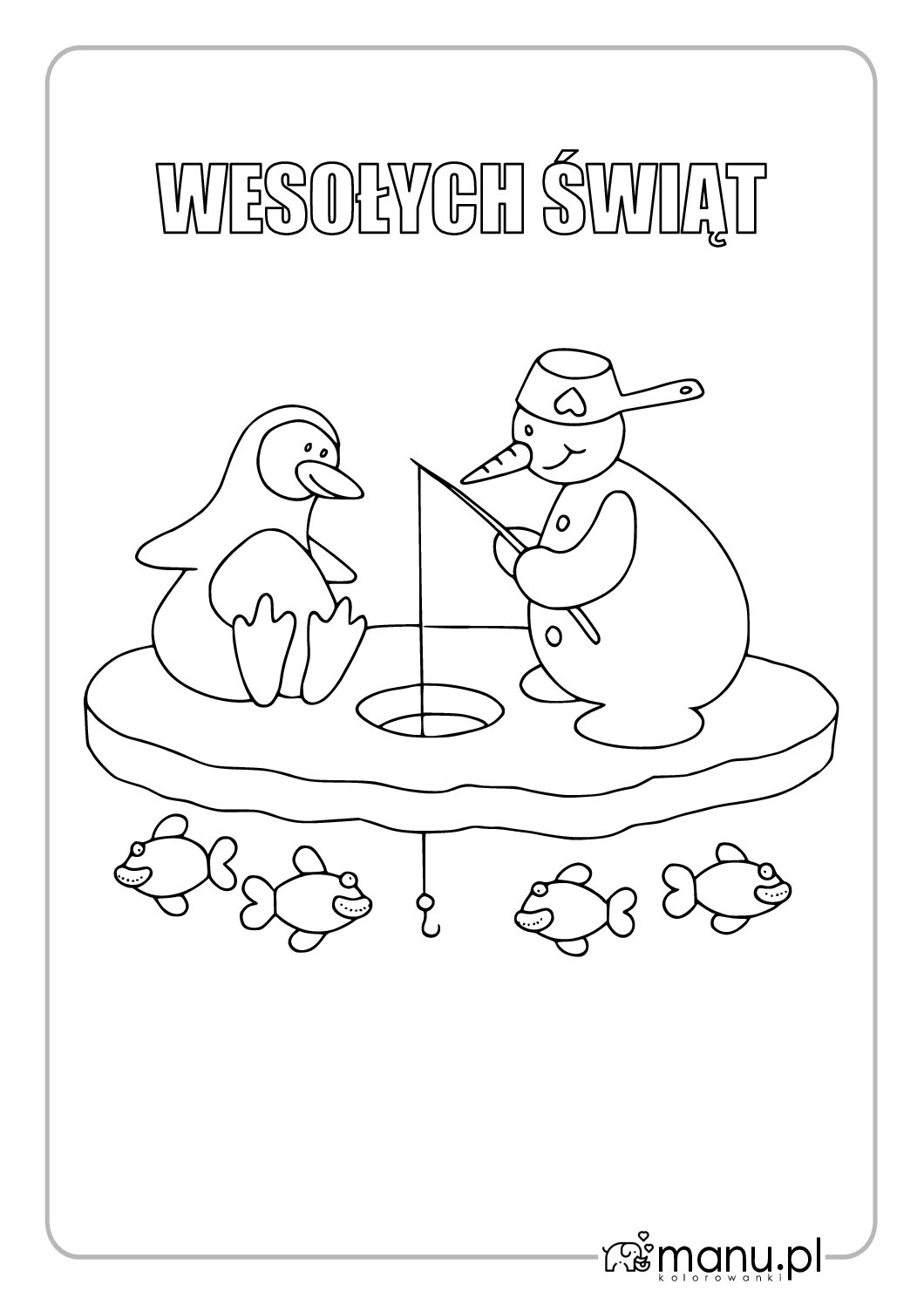 Bałwanek i pingwin na krze — kolorowanka „Wesołych Świąt”