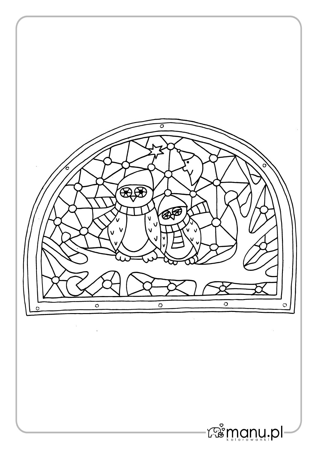 Zimowy witraż z sowami — kolorowanka do pobrania