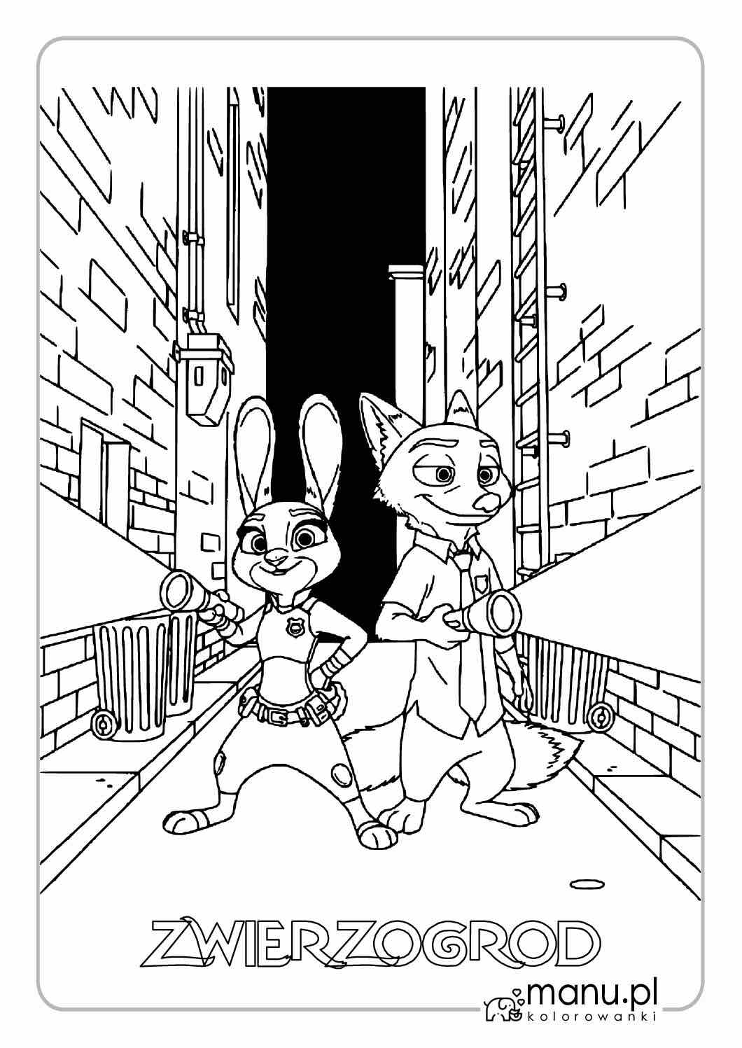Judy Hopps i Nick Bajer z latarkami – kolorowanka Zwierzogród Judy Hopps i Nick Bajer przeszukują ciemny zaułek z latarkami w dłoniach – szczegółowa kolorowanka z bajki Zwierzogród do druku